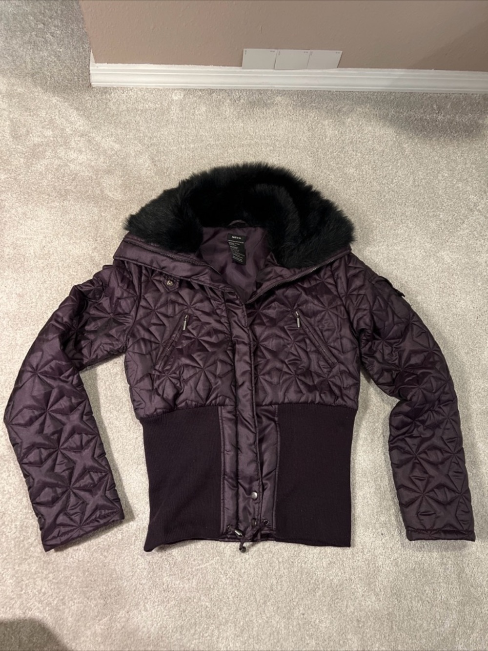 Tall Women's Quilted Purple Jacket with Faux Fur Collar Sz Medium Tall